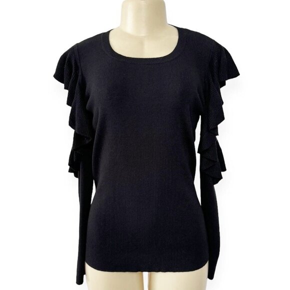 Max Studio Black Ruffled Pullover Sweater Cold Shoulder Long Sleeve Top - Picture 2 of 11